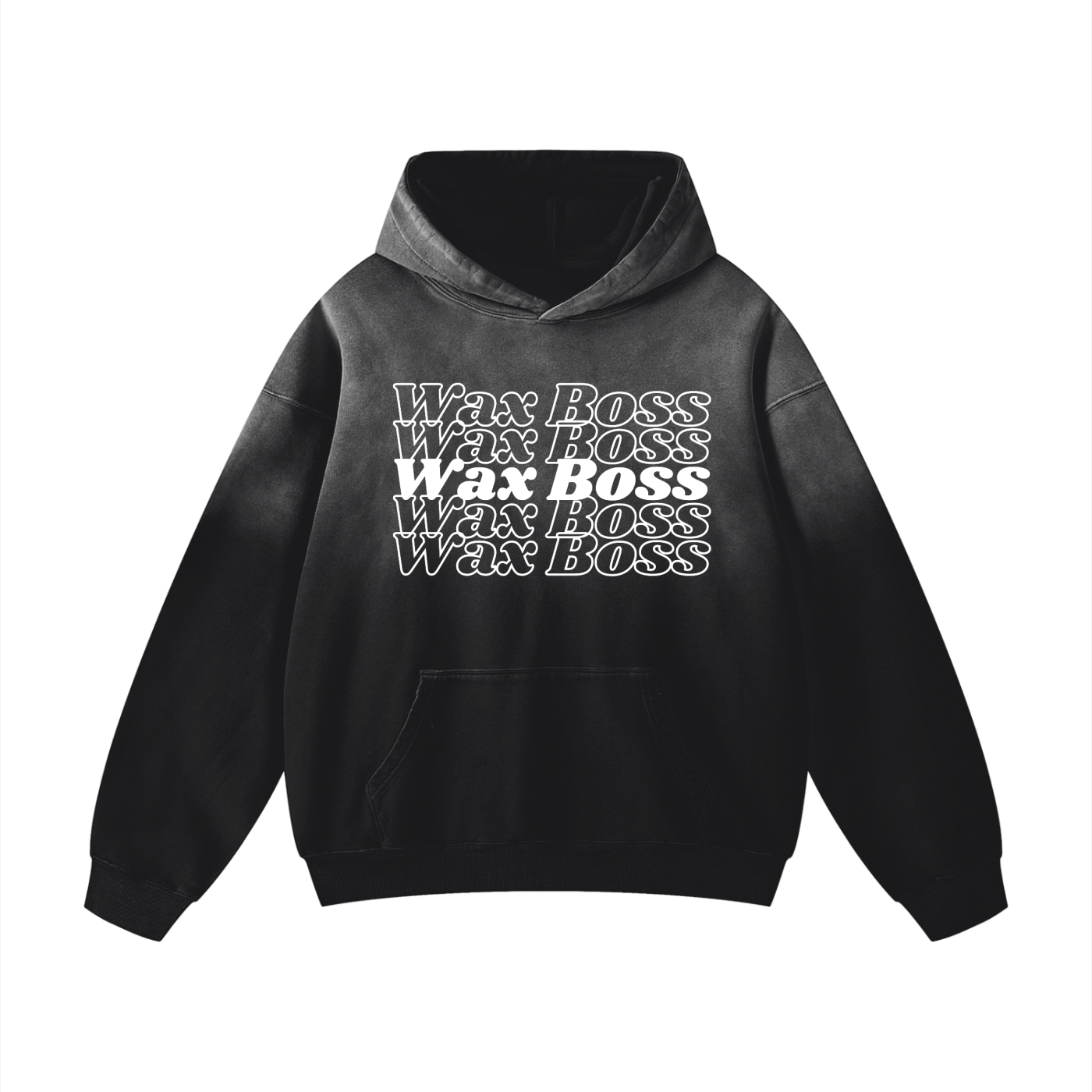 Black hoodie with 'Wax Boss' text on a white background