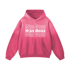 Pink hoodie with 'Wax Boss' text on a white background