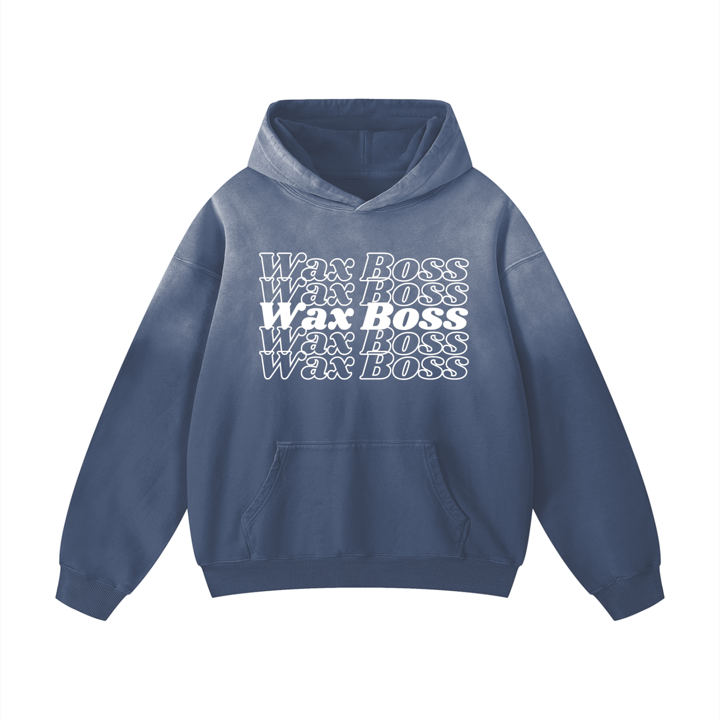 Blue hoodie with 'Wax Boss' text on a white background