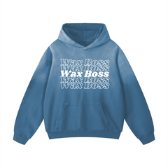 Blue hoodie with 'Wax Boss' text on a white background